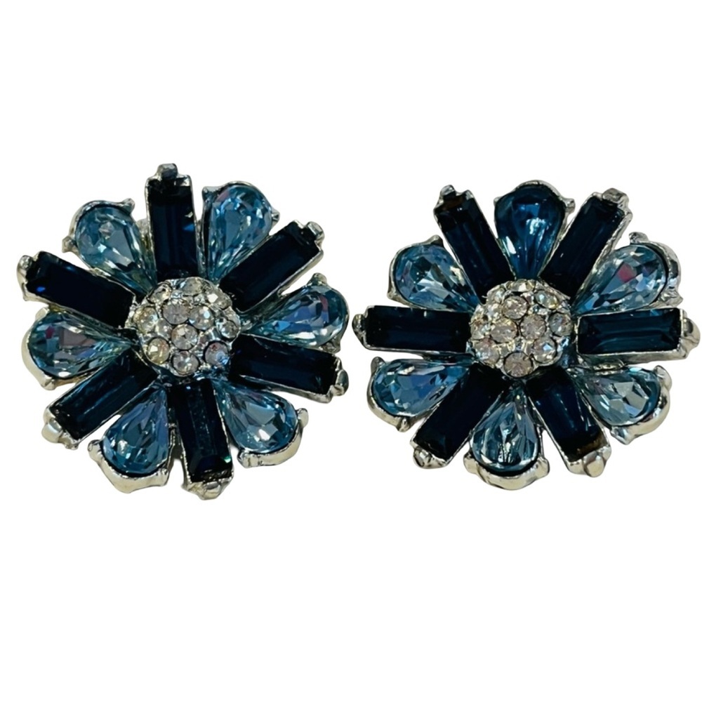 Vintage Silver Tone and Navy and Blue Topaz Gemstone Clip on Earrings